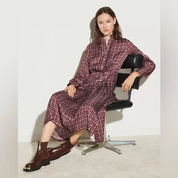 sandro dress burgundy Burgundy Linen Scallop Trim Midi Dress – Mint Velvet main image 1